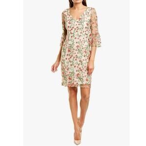 Adrianna Papell embroidered floral vines sheath dress bell sleeves 6
